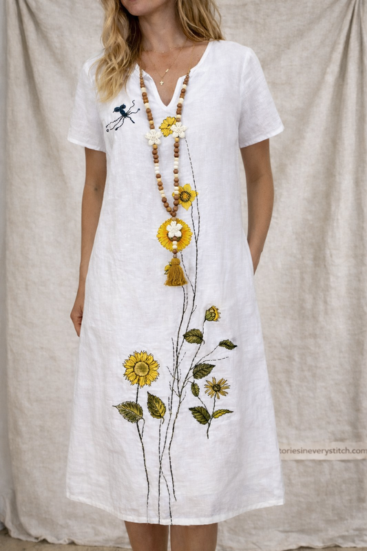 Boho Floral Embroidered Midi Dress with V-Neck – Relaxed Casual Fit