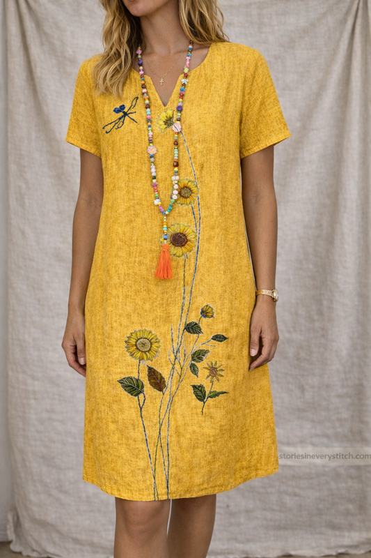 Boho Floral Embroidered Midi Dress with V-Neck – Relaxed Casual Fit