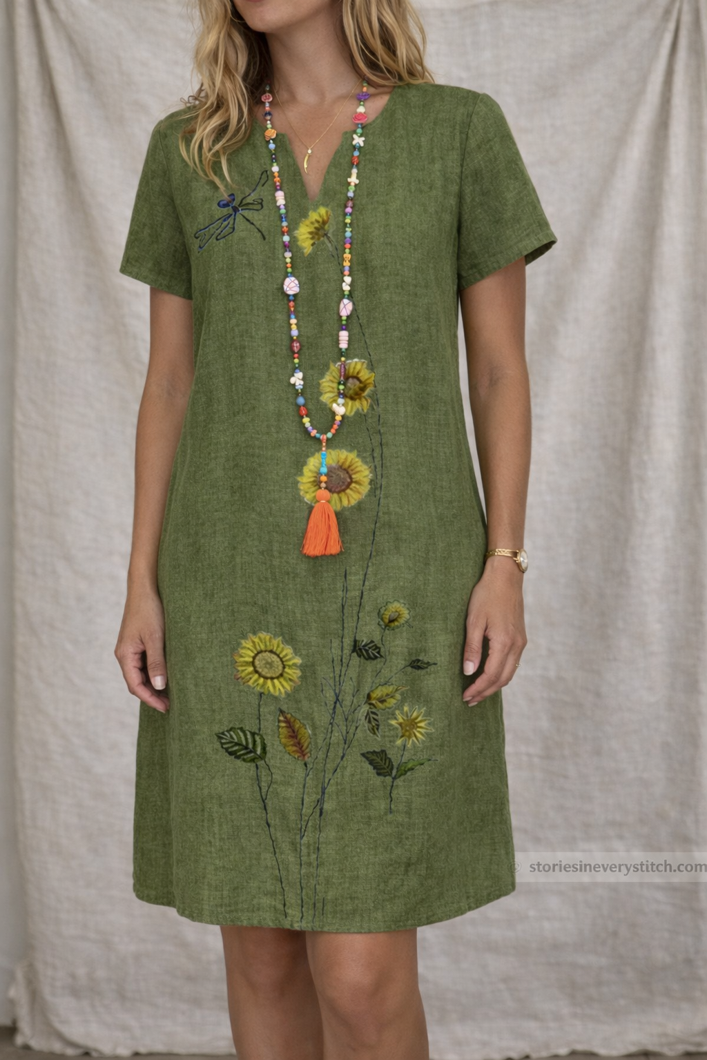 Boho Floral Embroidered Midi Dress with V-Neck – Relaxed Casual Fit