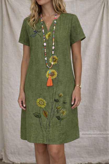 Boho Floral Embroidered Midi Dress with V-Neck – Relaxed Casual Fit