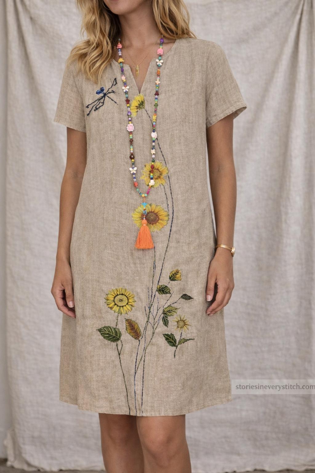 Boho Floral Embroidered Midi Dress with V-Neck – Relaxed Casual Fit