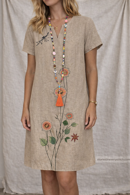 Boho Floral Embroidered Midi Dress with V-Neck – Relaxed Casual Fit