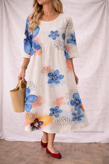 Women’s Colorful Printed Loose Maxi Dress – Boho Casual Long Sleeve Summer Dress