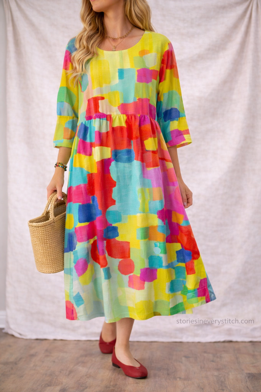 Women’s Colorful Printed Loose Maxi Dress – Boho Casual Long Sleeve Summer Dress