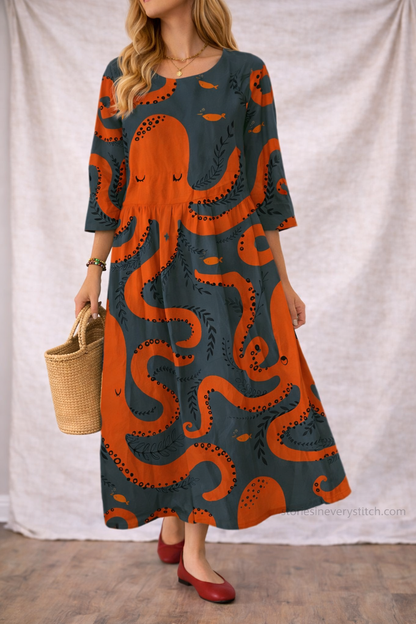 Women’s Colorful Printed Loose Maxi Dress – Boho Casual Long Sleeve Summer Dress