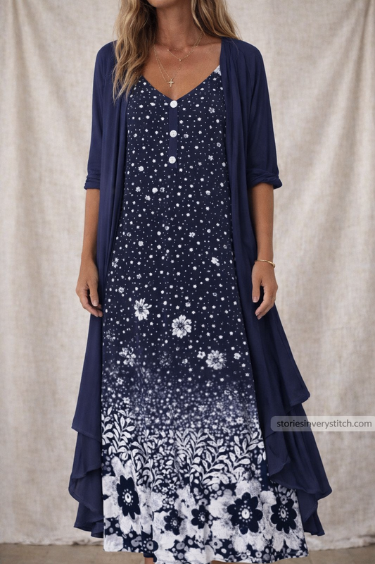 Women’s Floral Maxi Dress with Sheer Cardigan – Elegant Layered Summer Boho Dress