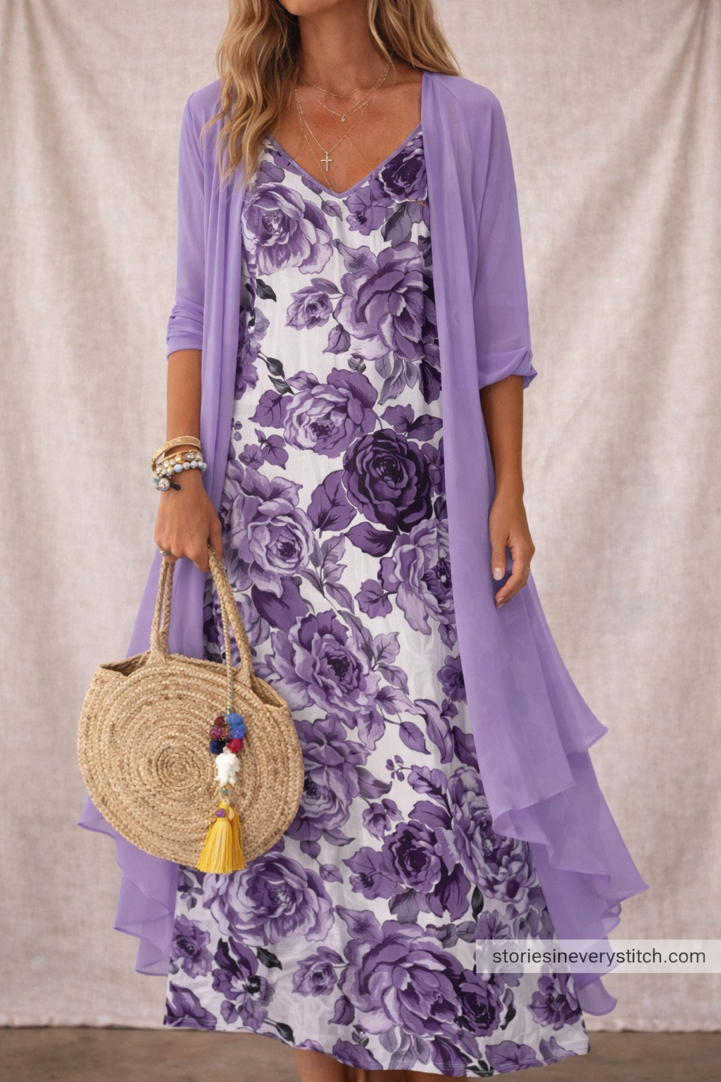 Women’s Floral Maxi Dress with Sheer Cardigan – Elegant Layered Summer Boho Dress
