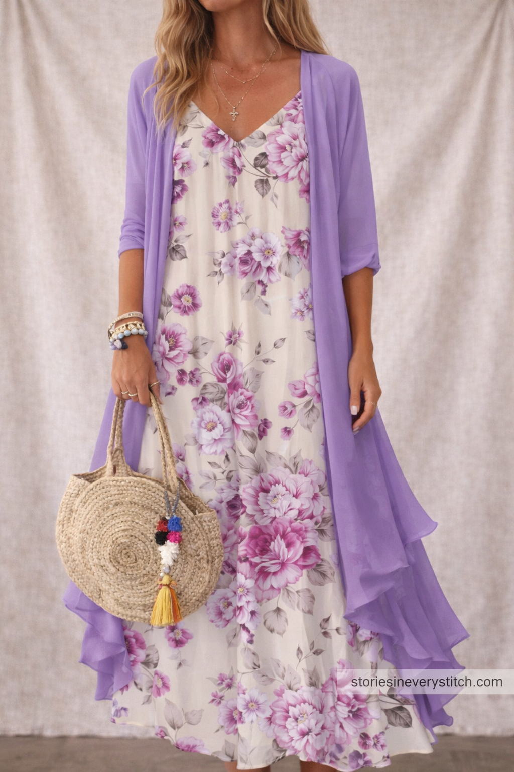Women’s Floral Maxi Dress with Sheer Cardigan – Elegant Layered Summer Boho Dress