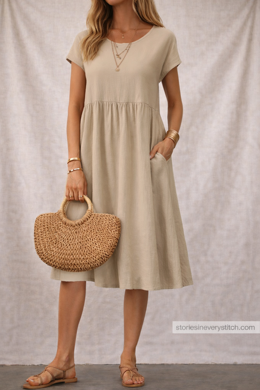 Women’s Casual A-Line Midi Dress with Pockets – Short Sleeve Summer Everyday Dress