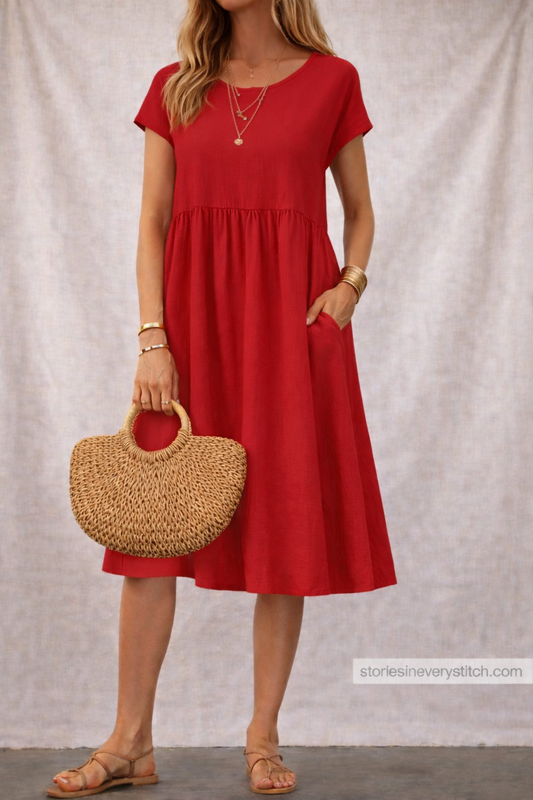 Women’s Casual A-Line Midi Dress with Pockets – Short Sleeve Summer Everyday Dress