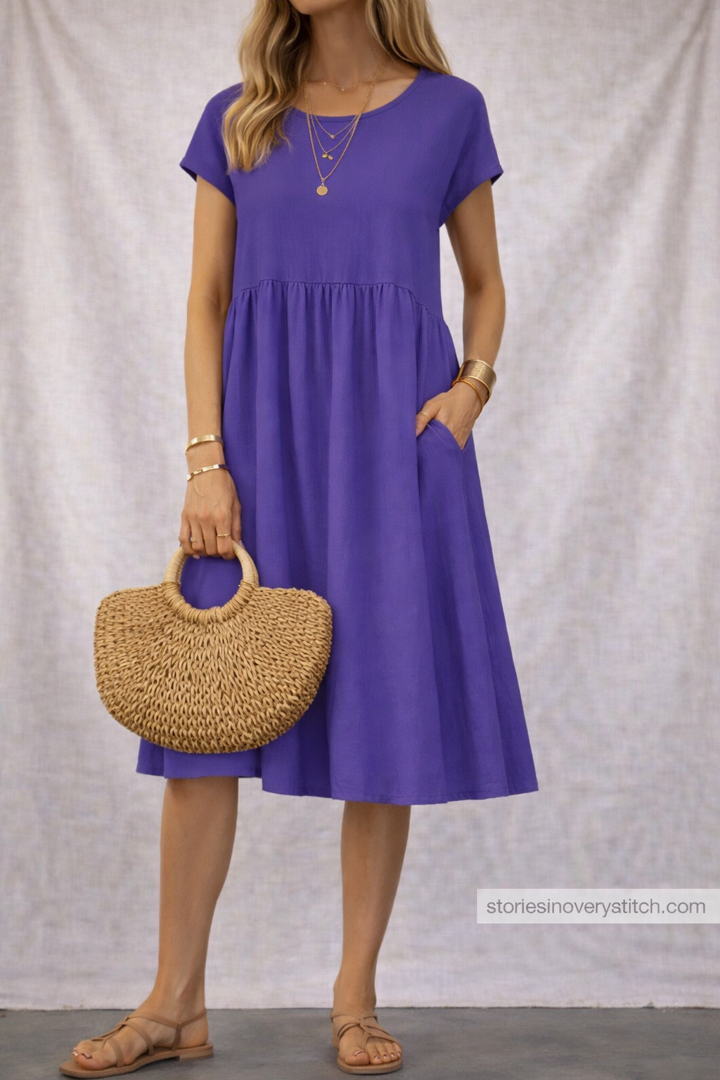 Women’s Casual A-Line Midi Dress with Pockets – Short Sleeve Summer Everyday Dress