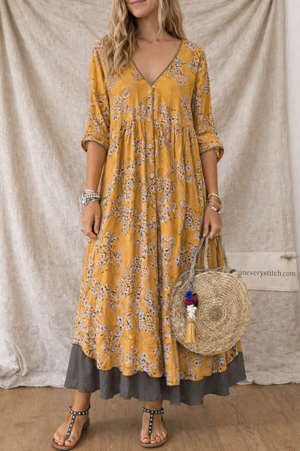 Women’s Boho Floral Maxi Dress – V-Neck Loose Fit Long Sleeve Casual Summer Dress