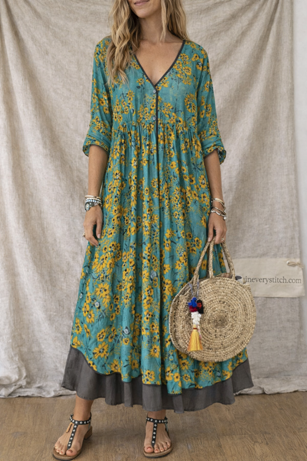 Women’s Boho Floral Maxi Dress – V-Neck Loose Fit Long Sleeve Casual Summer Dress