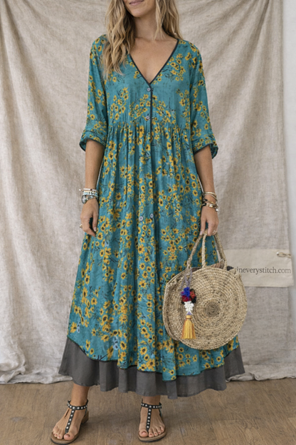Women’s Boho Floral Maxi Dress – V-Neck Loose Fit Long Sleeve Casual Summer Dress