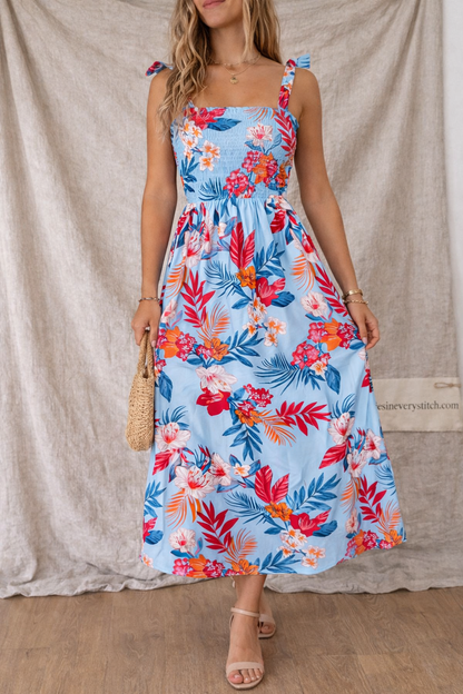 Women’s Floral Summer Midi Dress – Square Neck Sleeveless A-Line Vacation Dress