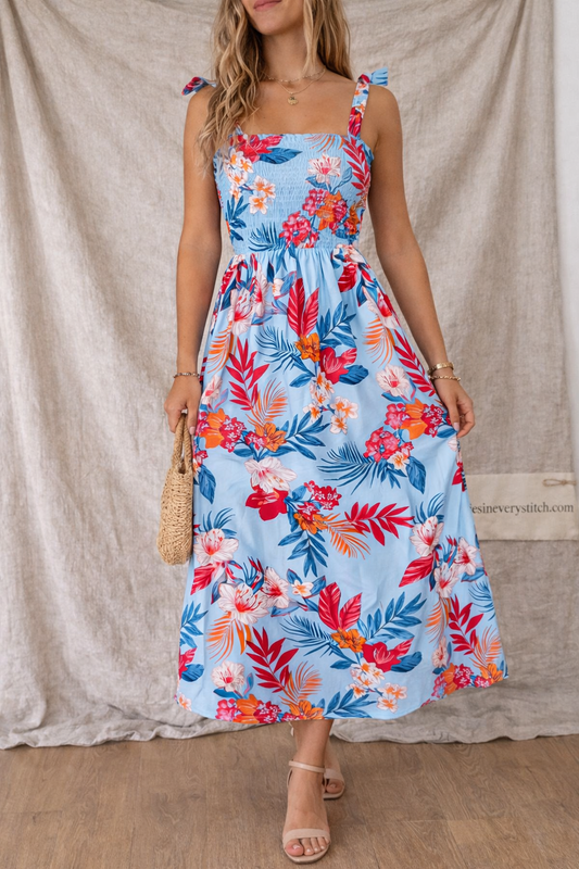 Women’s Floral Summer Midi Dress – Square Neck Sleeveless A-Line Vacation Dress