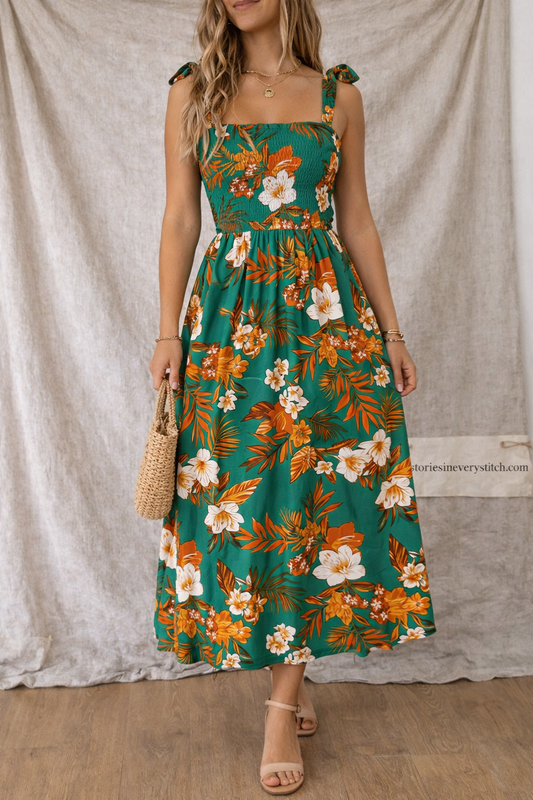 Women’s Floral Summer Midi Dress – Square Neck Sleeveless A-Line Vacation Dress