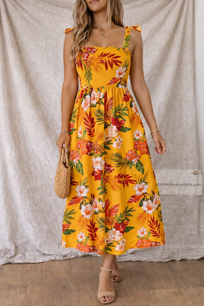 Women’s Floral Summer Midi Dress – Square Neck Sleeveless A-Line Vacation Dress