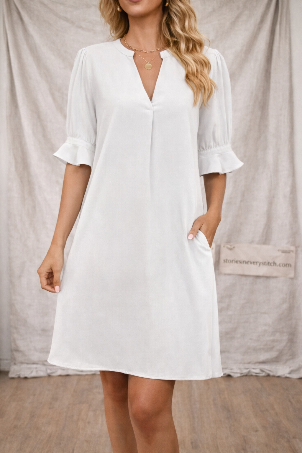 Women’s Casual V-Neck Shift Dress – Short Sleeve Loose Summer Dress with Pockets