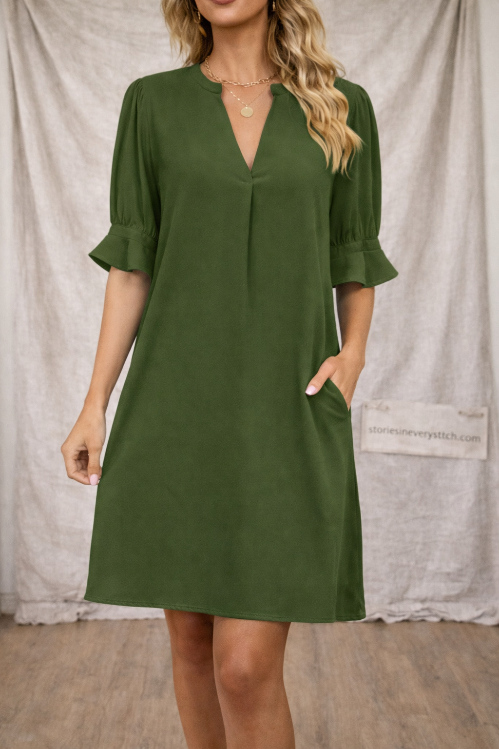 Women’s Casual V-Neck Shift Dress – Short Sleeve Loose Summer Dress with Pockets