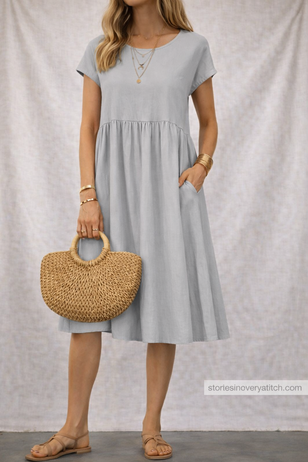 Women’s Casual A-Line Midi Dress with Pockets – Short Sleeve Summer Everyday Dress