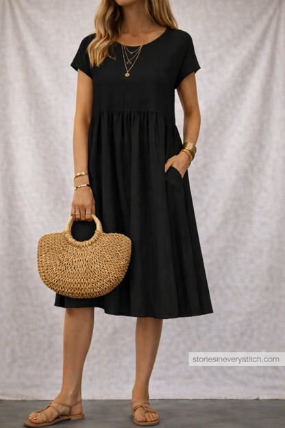 Women’s Casual A-Line Midi Dress with Pockets – Short Sleeve Summer Everyday Dress