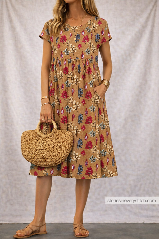 Women’s Vintage Floral Print Midi Dress – Casual Short Sleeve Boho Summer Dress with Pockets
