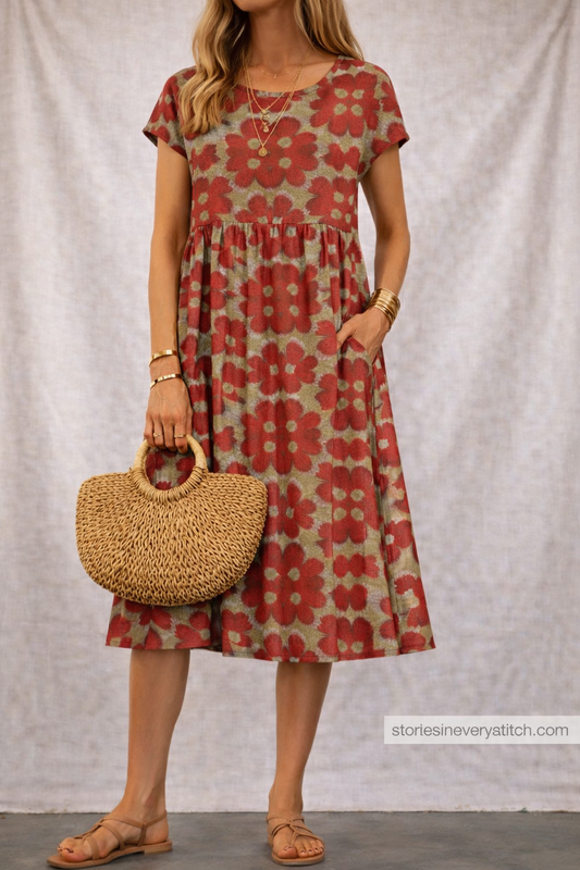 Women’s Vintage Floral Print Midi Dress – Casual Short Sleeve Boho Summer Dress with Pockets