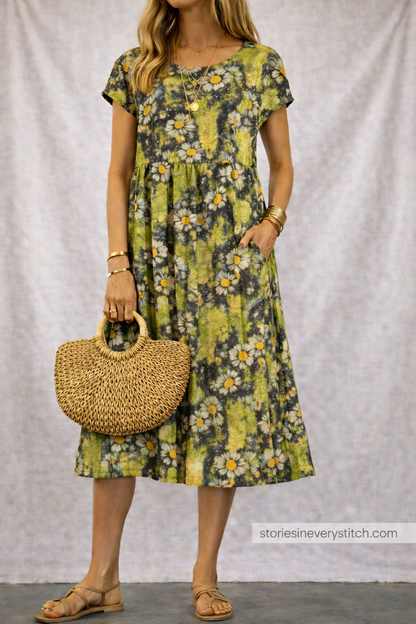 Women’s Vintage Floral Print Midi Dress – Casual Short Sleeve Boho Summer Dress with Pockets