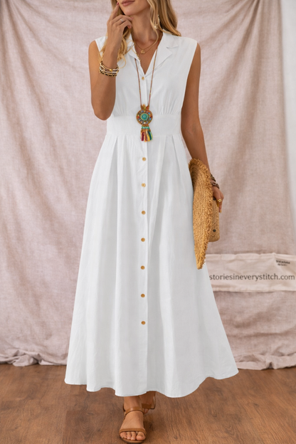 Women’s Sleeveless Button-Front Maxi Dress – Elegant V-Neck Casual Summer Long Dress