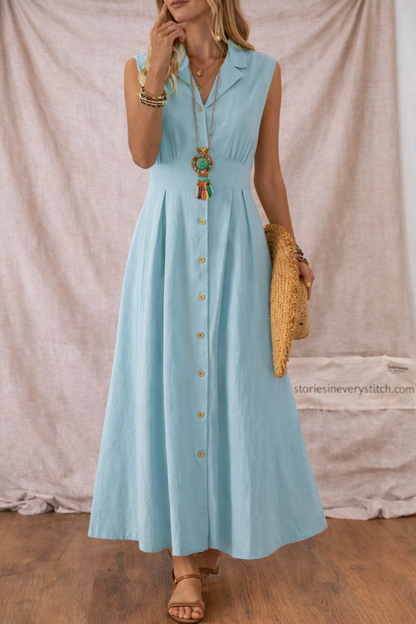 Women’s Sleeveless Button-Front Maxi Dress – Elegant V-Neck Casual Summer Long Dress