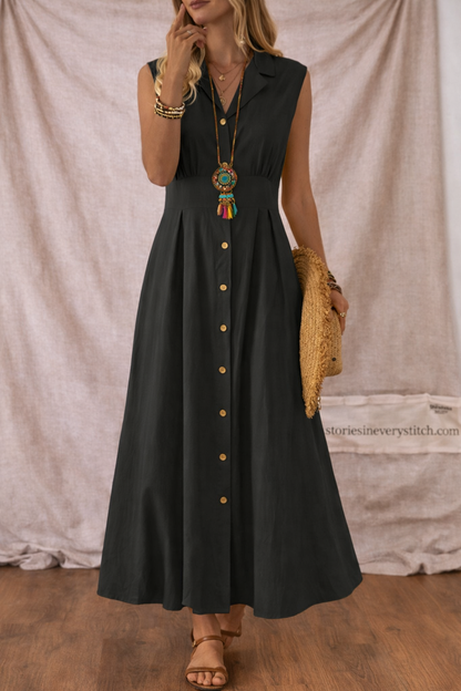 Women’s Sleeveless Button-Front Maxi Dress – Elegant V-Neck Casual Summer Long Dress
