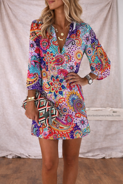 Women’s Boho Floral Print Mini Dress – V-Neck Long Sleeve Casual Vacation Dress
