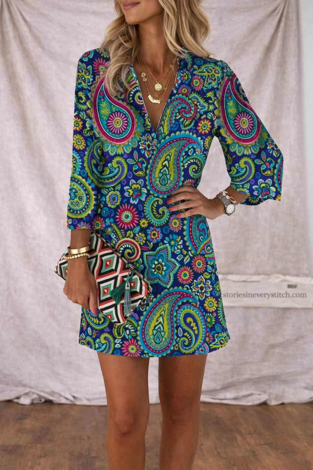 Women’s Boho Floral Print Mini Dress – V-Neck Long Sleeve Casual Vacation Dress