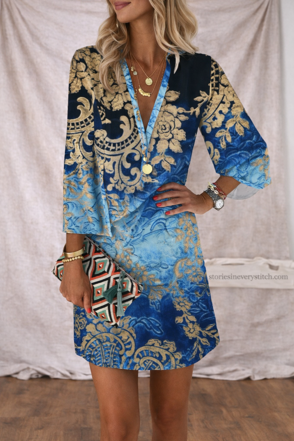 Women’s Boho Floral Print Mini Dress – V-Neck Long Sleeve Casual Vacation Dress
