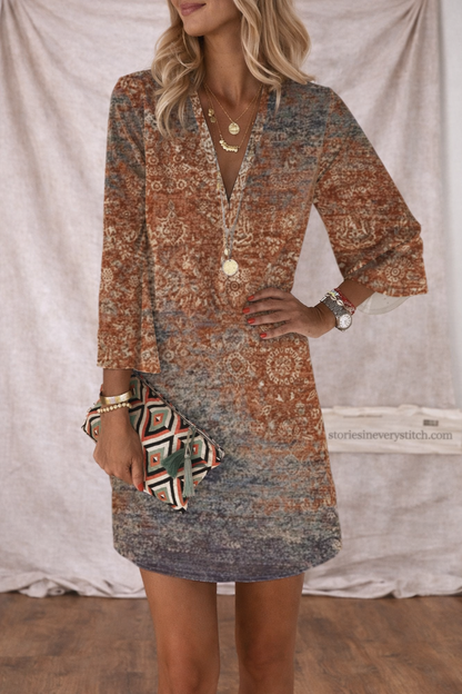 Women’s Boho Floral Print Mini Dress – V-Neck Long Sleeve Casual Vacation Dress