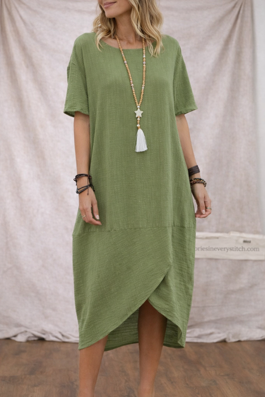 Women’s Loose Asymmetrical Midi Dress – Casual Short Sleeve Relaxed Summer Dress