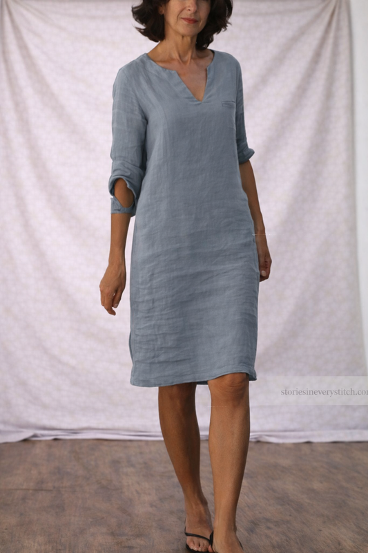 Women’s Casual V-Neck Linen Dress – Relaxed Fit Short Sleeve Summer Shift Dress