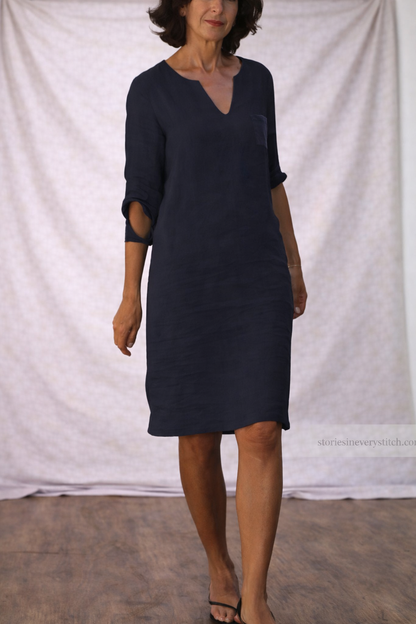Women’s Casual V-Neck Linen Dress – Relaxed Fit Short Sleeve Summer Shift Dress