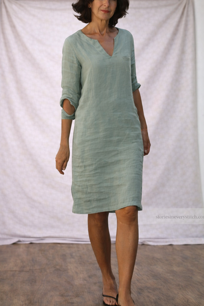 Women’s Casual V-Neck Linen Dress – Relaxed Fit Short Sleeve Summer Shift Dress