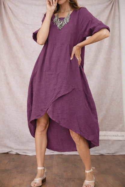 Women’s Loose Asymmetrical Midi Dress – Casual Short Sleeve Relaxed Summer Dress