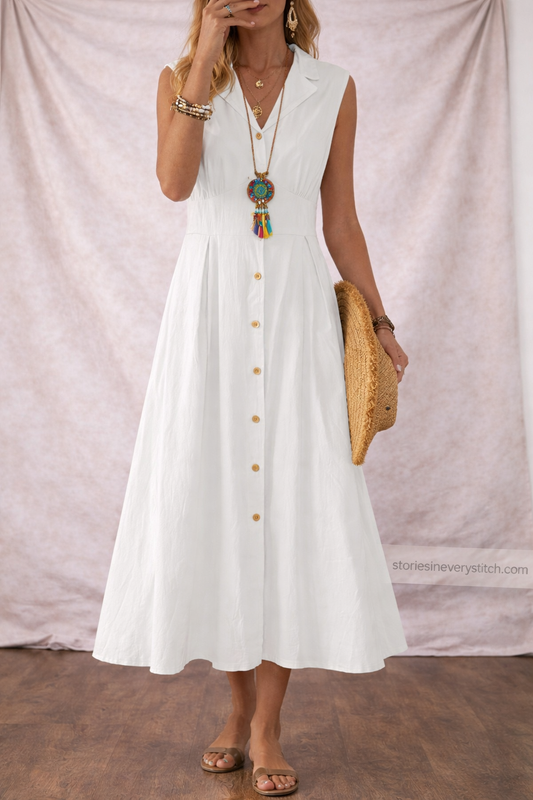 Women’s Sleeveless Button-Front Maxi Dress – Elegant V-Neck Casual Summer Long Dress