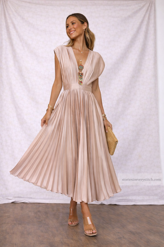 Women’s Pleated Maxi Dress – Elegant V-Neck Sleeveless Flowing Party Dress