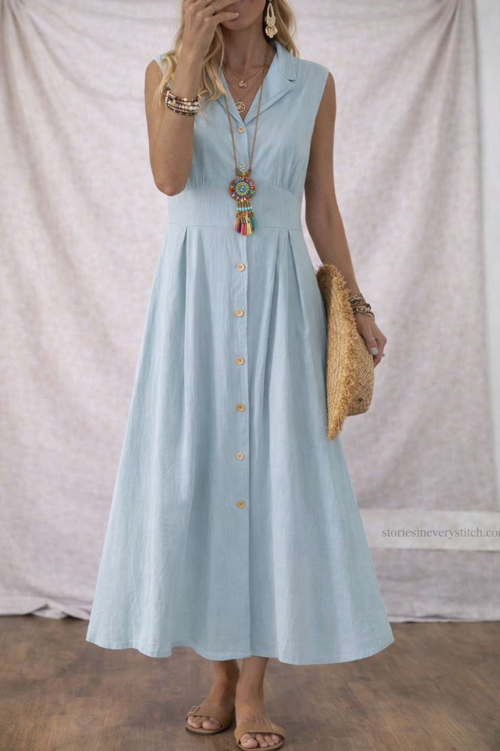 Women’s Sleeveless Button-Front Maxi Dress – Elegant V-Neck Casual Summer Long Dress