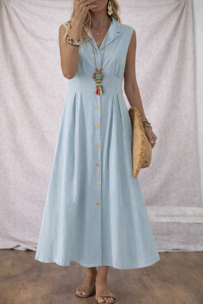 Women’s Sleeveless Button-Front Maxi Dress – Elegant V-Neck Casual Summer Long Dress