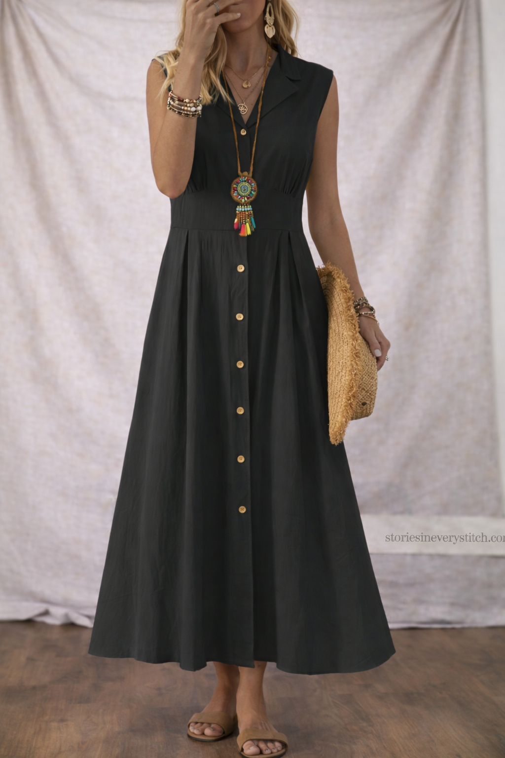 Women’s Sleeveless Button-Front Maxi Dress – Elegant V-Neck Casual Summer Long Dress