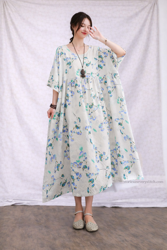 Women’s Boho Floral Oversized Midi Dress – Loose Fit Batwing Sleeve Casual Dress