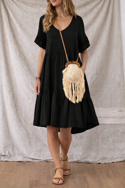 Women’s Casual V-Neck A-Line Dress – Short Sleeve Loose Summer Midi Dress