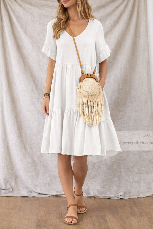 Women’s Casual V-Neck A-Line Dress – Short Sleeve Loose Summer Midi Dress