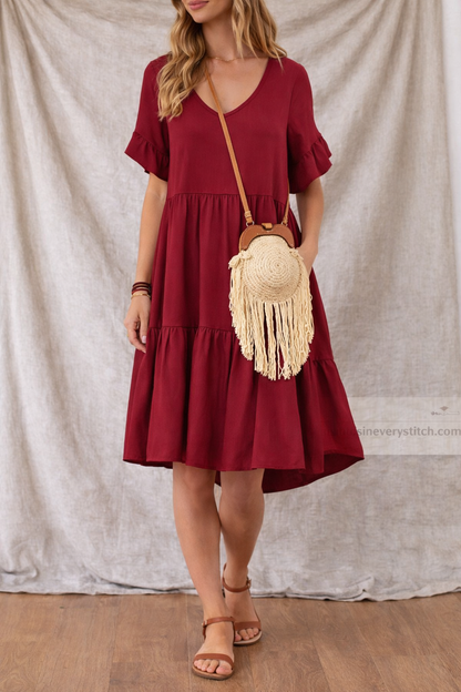 Women’s Casual V-Neck A-Line Dress – Short Sleeve Loose Summer Midi Dress